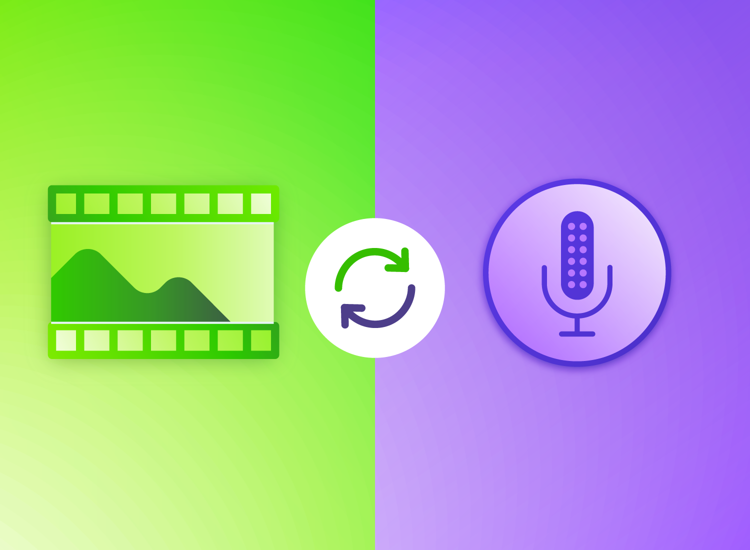 This image is a visual related to synchronizing audio and video sources in multimedia editing. On the left, there's a vibrant green background with a film strip icon, suggesting the video component of editing. To the right, the background shifts to purple, with a microphone icon inside a circle, representing the audio aspect. In the center, a circular arrow icon bridges the two halves, symbolizing the process of syncing audio with video.