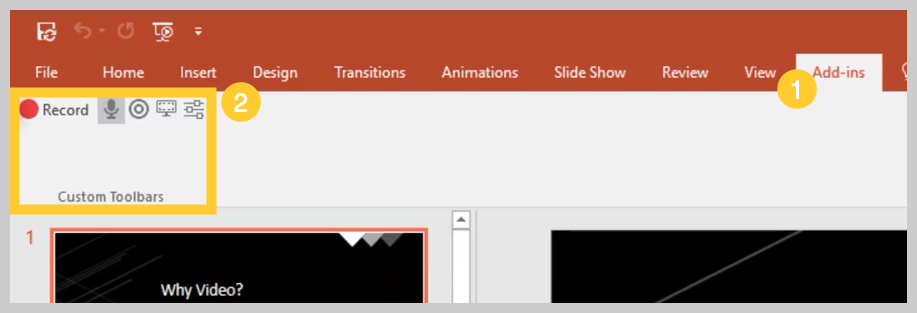 Screenshot of how to record a powerpoint presentation with the Camtasia add-in toolbar