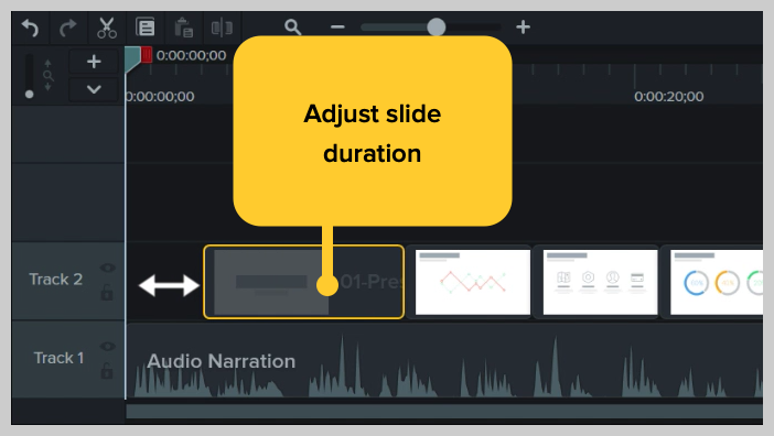 screenshot of how to adjust the timing of powerpoint slides in the camtasia timeline