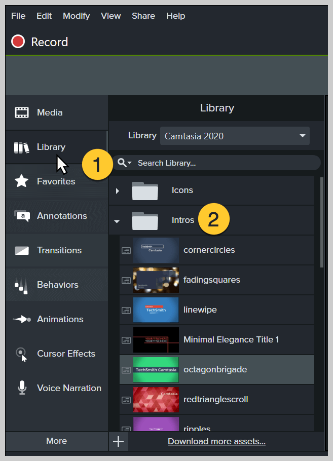 Screenshot of Camtasia library with Intro section open.