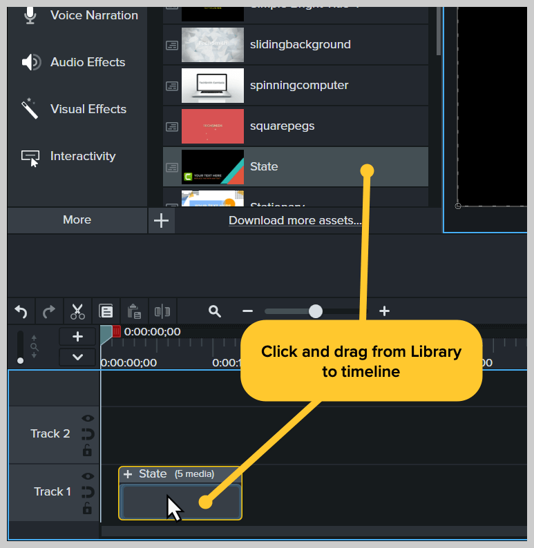 Screenshot of cursor dragging and dropping intro template on the Camtasia timeline. Call out reading "Click and drag from Library to timeline.'