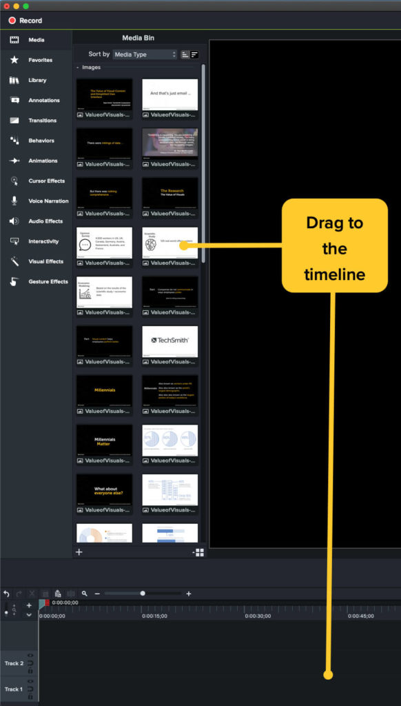 Select your slide or slides and drag them to the timeline.