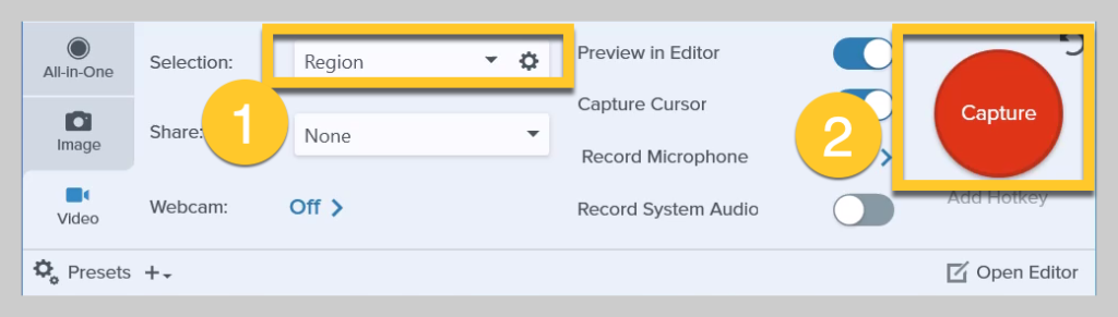 How to select a region to record in Snagit
