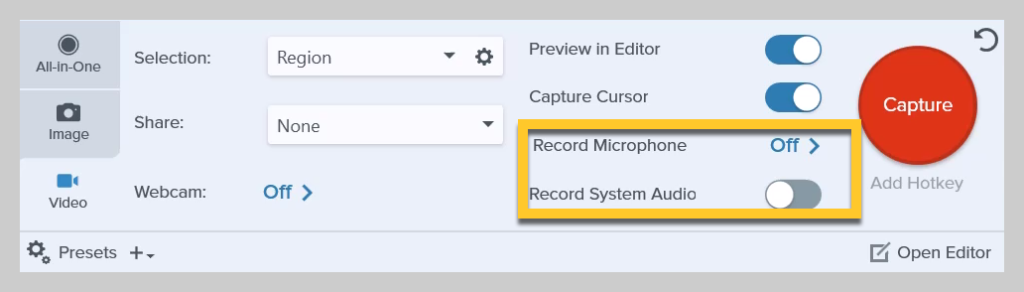 How to select what audio is recorded in Snagit