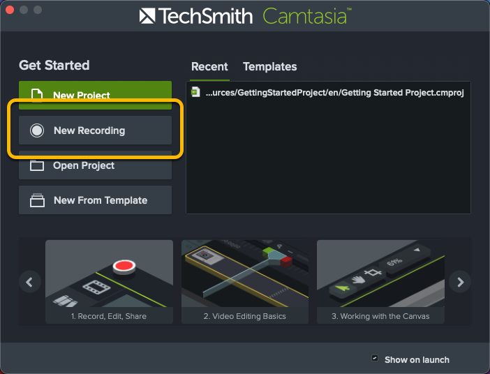 In the Camtasia window, click New Recording.