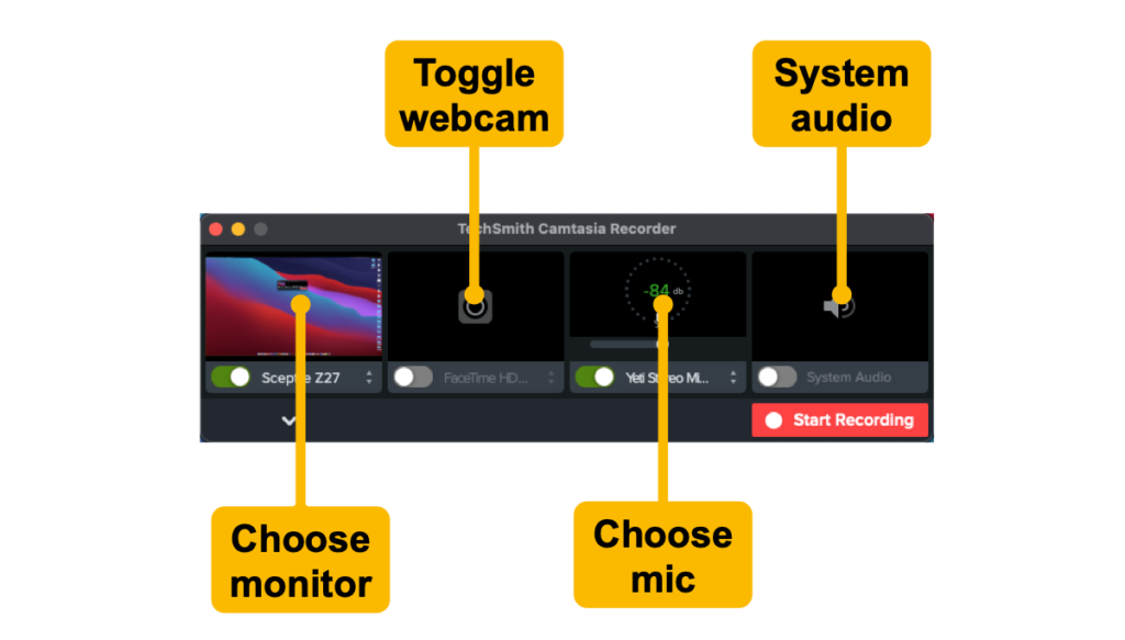 Select the screen you want to record, toggle your webacm on or off, choose your microphone, and toggle on or off your system audio.