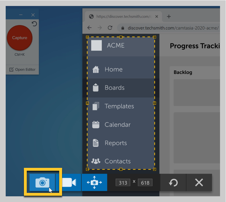 How to select and capture an area using the Snagit crosshairs