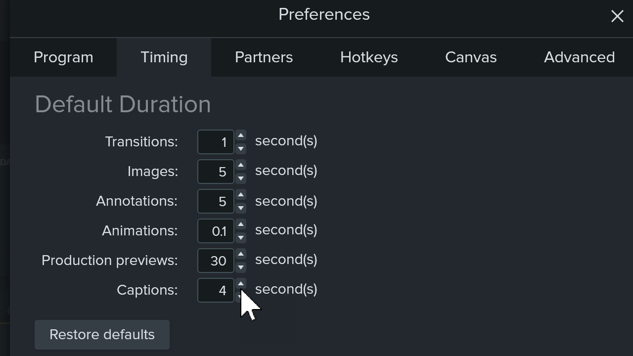 Default duration in the preferences window