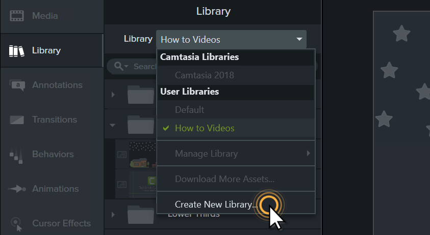 Camtasia library dropdown with the cursor hovering over Create New Library...