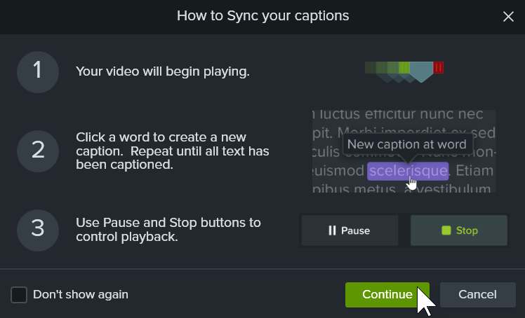 How to Sync your captions dialog window