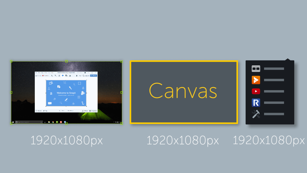 screen recording set to 1920 x 1080px, Canvas set to 1920 x 1080px, production settings set to 1920 x 1080px