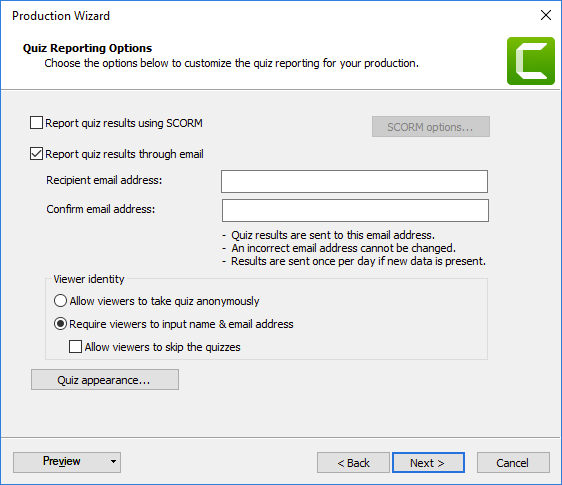 Camtasia production wizard with quiz reporting options
