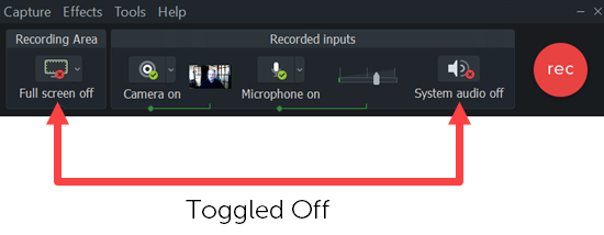 the camtasia recorder with arrows pointing to the screen recording area and the system audio input