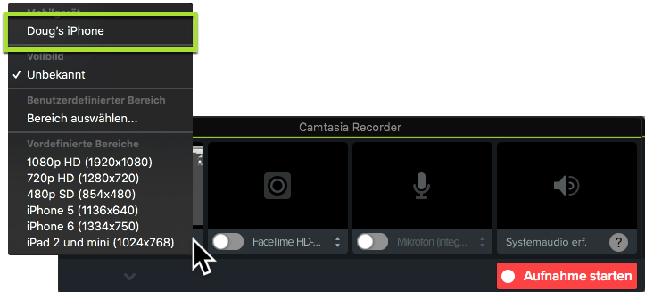Camtasia recorder with a phone selected
