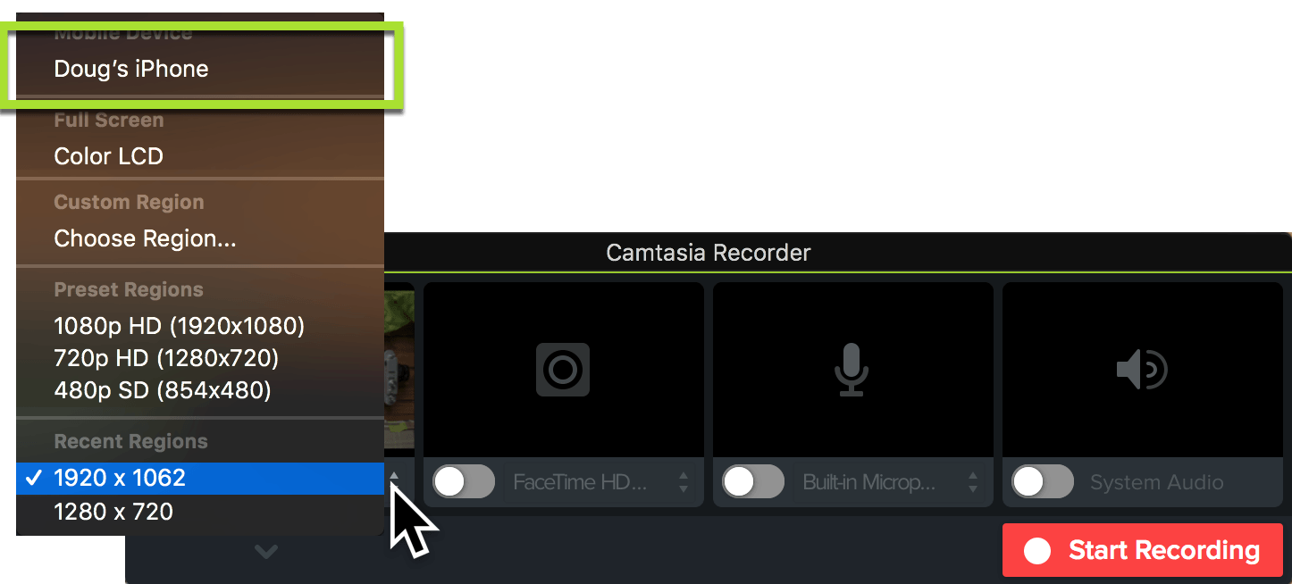 Camtasia recorder with the device  screen menu open