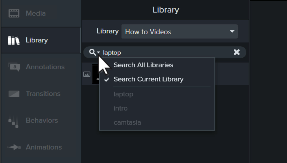 Camtasia library search ability