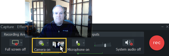 the camtasia recorder with the cursor hovering over the webcam preview window, which displays a man