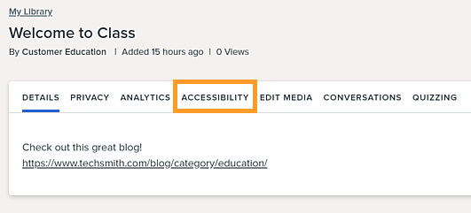 Accessibility tab below the video within the video watch page