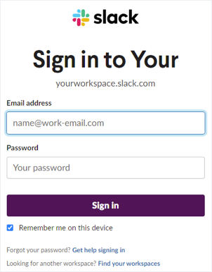 Anmelde-Bildschirm für Slack Workspace