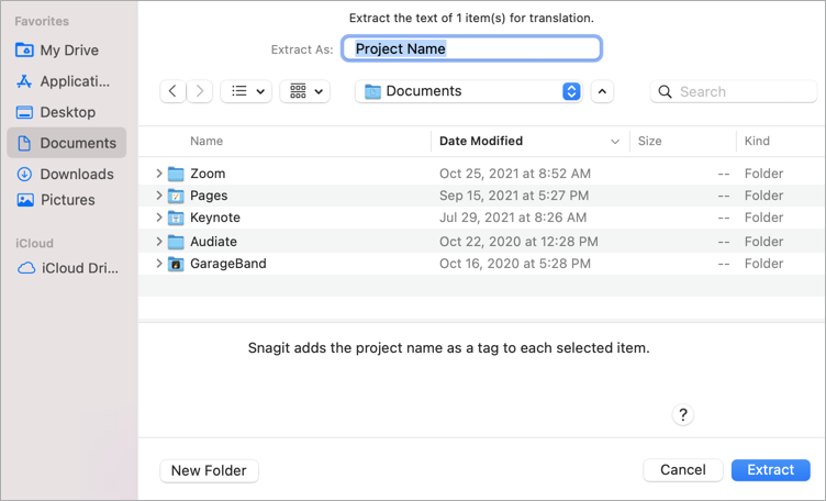 Extract As dialog for Mac