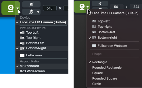 Webcam options on Windows and Mac