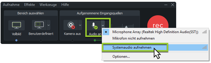 Screenshot of Camtasia Recorder with audio options