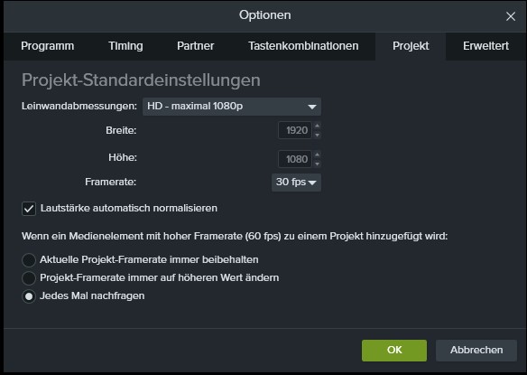 Screenshot der Camtasia Nutzeroberfläche mit Standardeinstellungen.