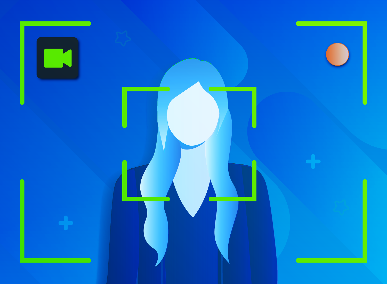 Stylized image illustrating the setup for recording a perfect live streaming video. The central focus is on a figure with a camera focus frame around her, indicating the live subject of a stream. In the corners are abstract icons symbolizing video recording and editing, set against a dynamic blue background with digital motifs.