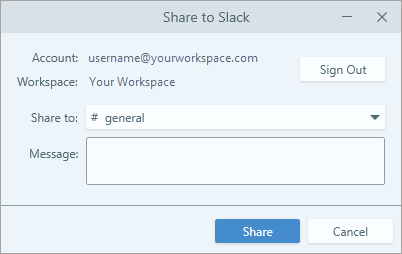 Caixa de diálogo Compartilhar no Slack