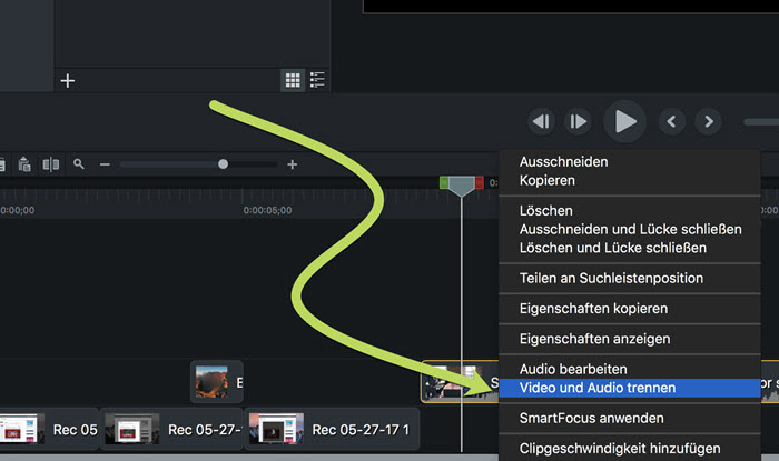 Screenshot Camtasia Nutzeroberfläche Kontextmenü.