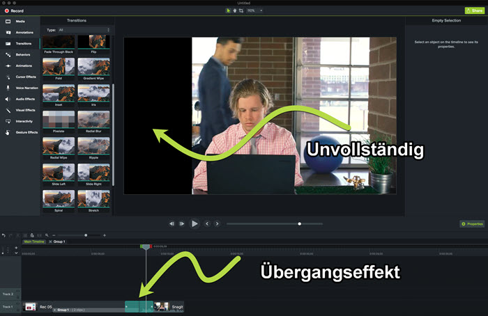 Screenshot Camtasia Videoeditor mit Übergangseffekt