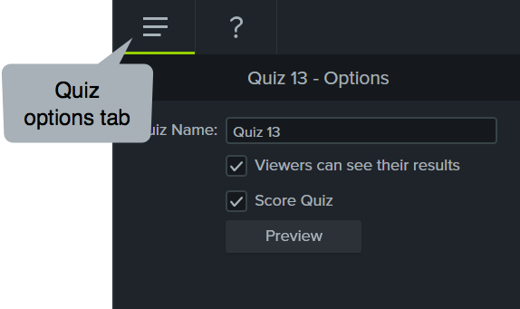Camtasia properties panel displaying the quiz tab
