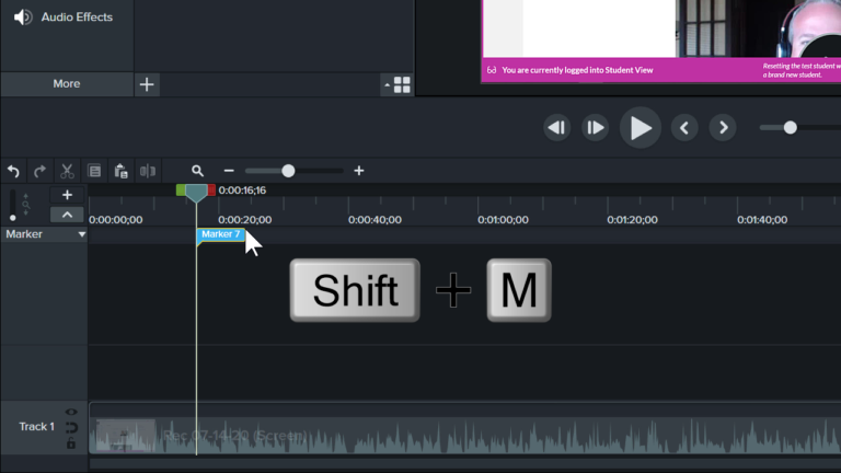 Camtasia editor with a marker on the timeline