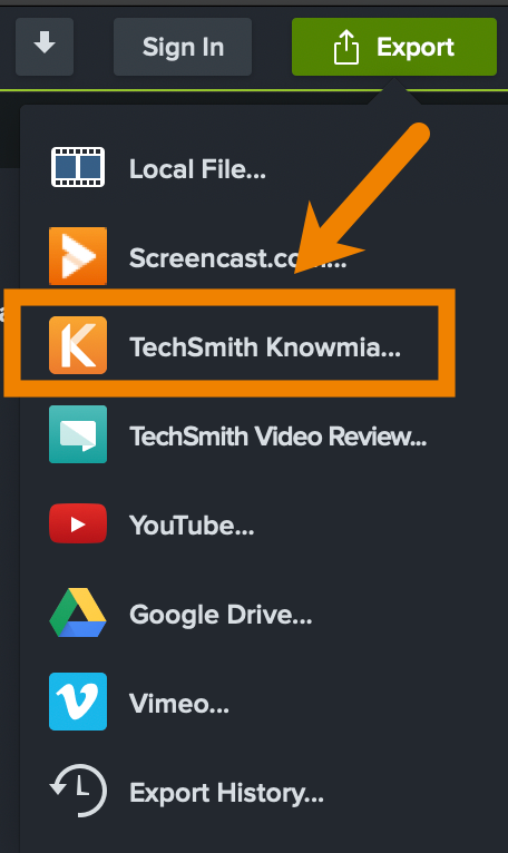 Camtasia share menu that highlights the Knowmia output
