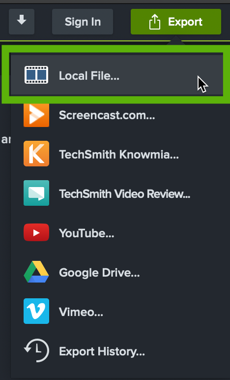 Camtasia export menu with the local file selected