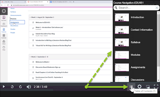 Video with a table of content created in Camtasia