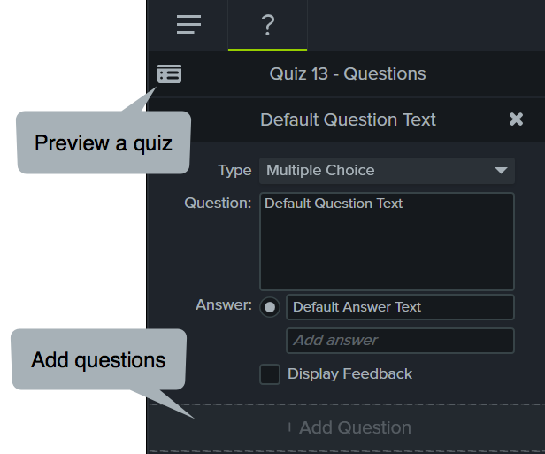 Camtasia properties panel displaying the quiz tab and showing where to click to preview a quiz