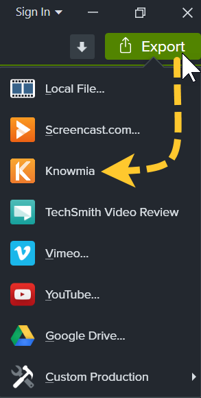 Camtasia export menu with an arrow pointing to Knowmia