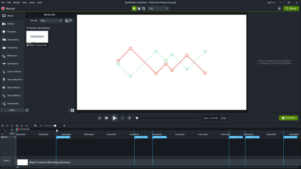 Camtasia editor with markers on the timeline