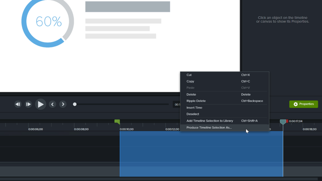 Camtasia editor with the selection tool open with contextual menu open