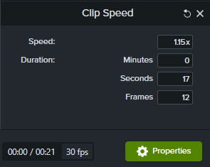 Panel de propiedades de velocidad del clip