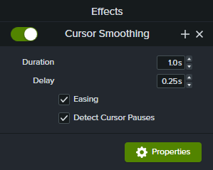 Painel de propriedades de suavização do cursor