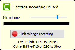 Ventana de grabación de Camtasia pausada