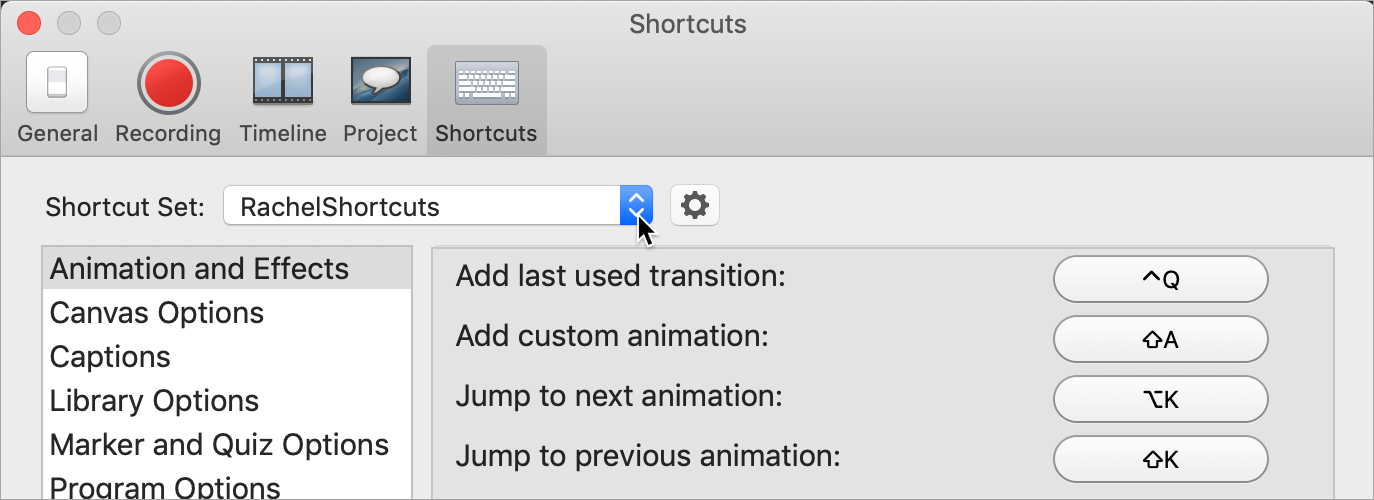 Shortcut set in dropdown on Shortcuts tab in Preferences