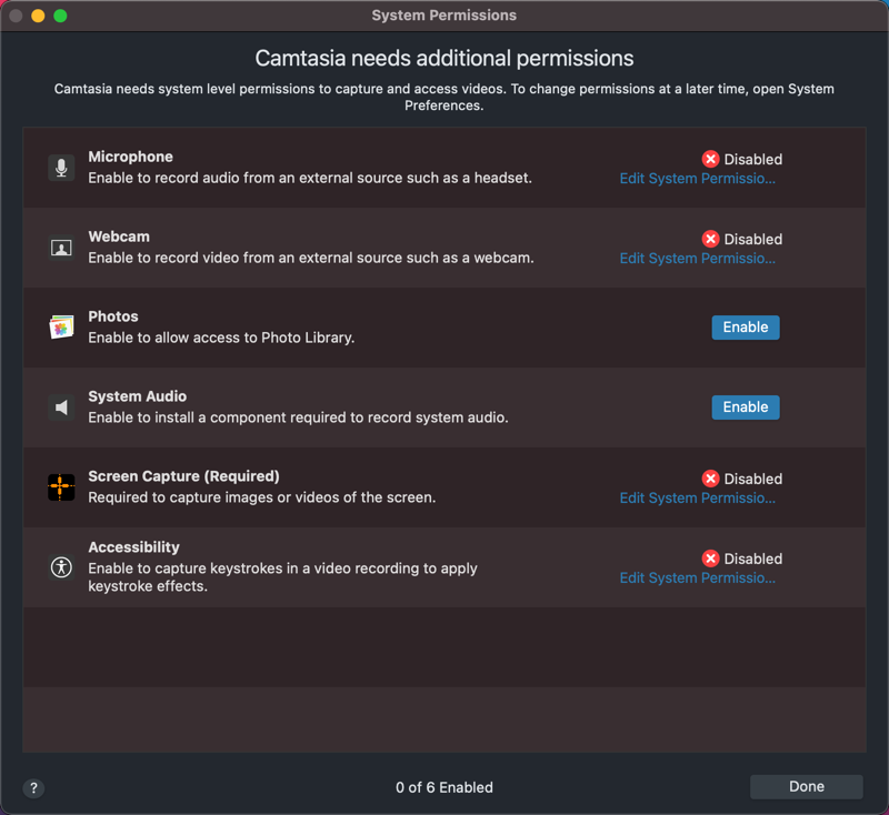 Enable system preferences for Camtasia