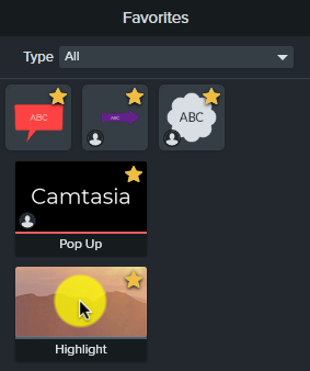 favorite tools and effects selected in Camtasia