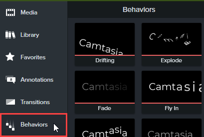 Camtasia Editor で [動作] タブを表示する