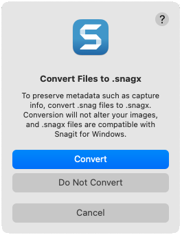 Caixa de diálogo para converter arquivos em .snagx para preservar os metadados