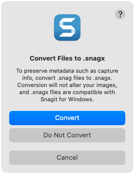 Boîte de dialogue pour convertir les fichiers .snagx afin de conserver les métadonnées