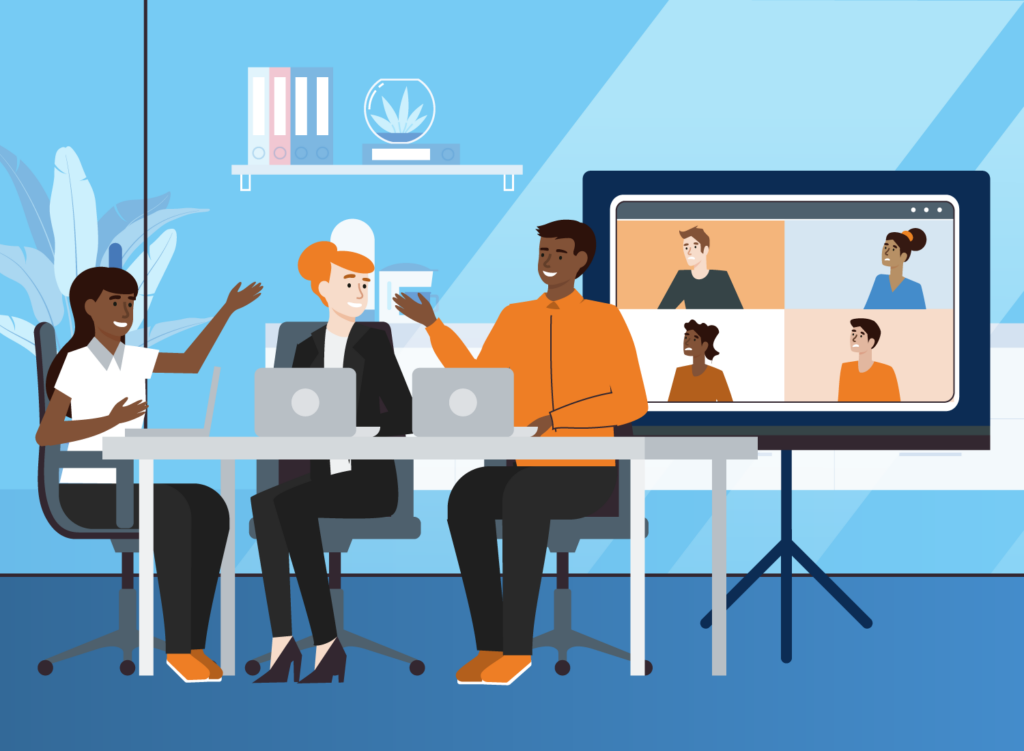 Illustration of a hybrid meeting. Some participants are sitting at a conference table speaking with another while another group is on a large screen.